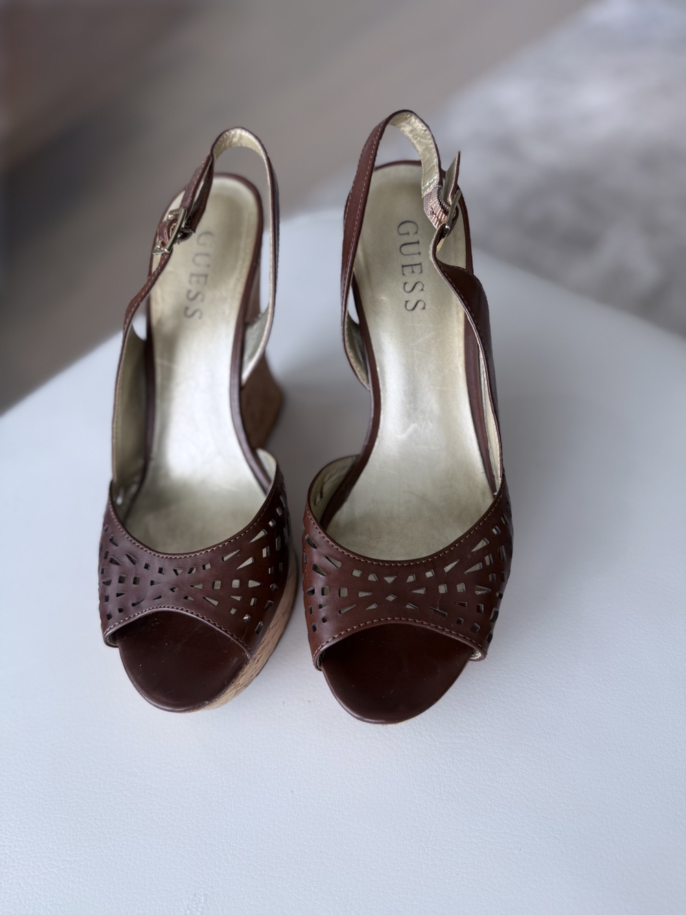 GUESS Brown Laser-Cut Peep-Toe Wedge Sandals